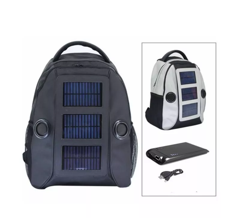 Спортивный рюкзак с  солнечными панелями батареи и колонками.